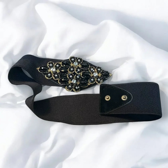 Vintage 1980s Beaded Elastic Statement Belt - Picture 2 of 4